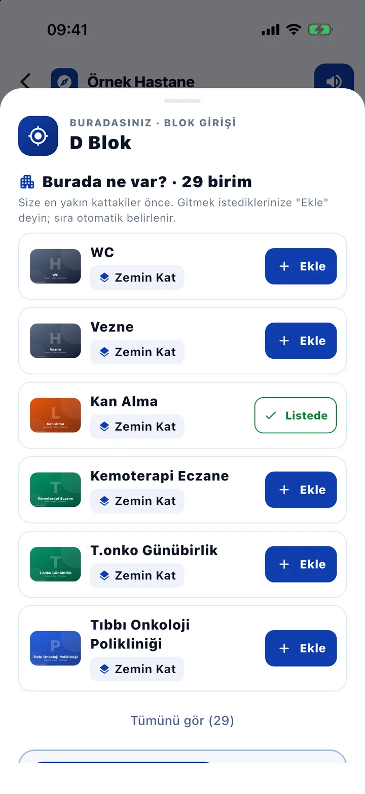 Kod okutulunca açılan panel: Buradasınız, bu bloktaki birimler, sizin seçtiğiniz yerler
