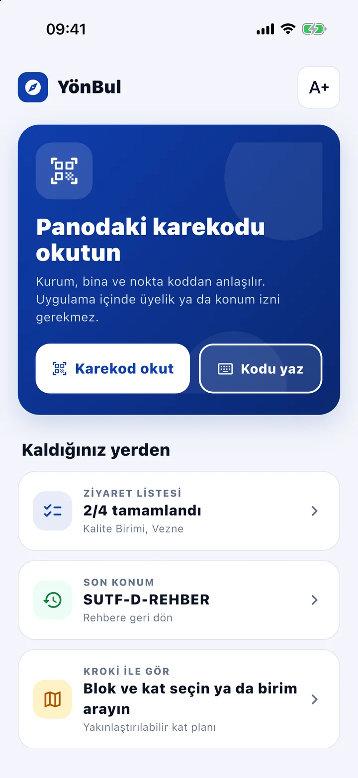 YönBul ana ekranı: karekod okut, kodu yaz, ziyaret listesi, kroki ile gör
