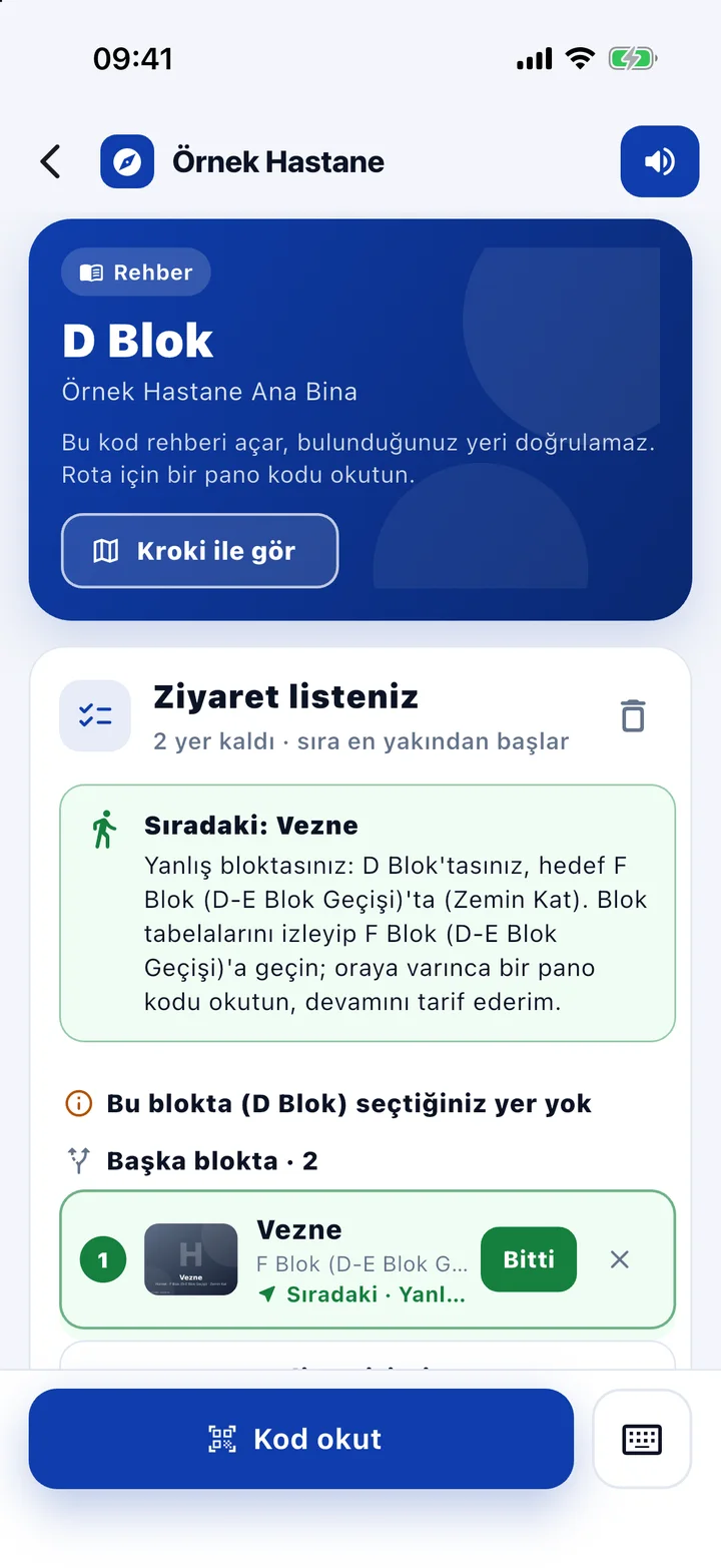 YönBul ziyaret listesi: en yakın yer önce, 'Bitti' ile sıradakine geçiş