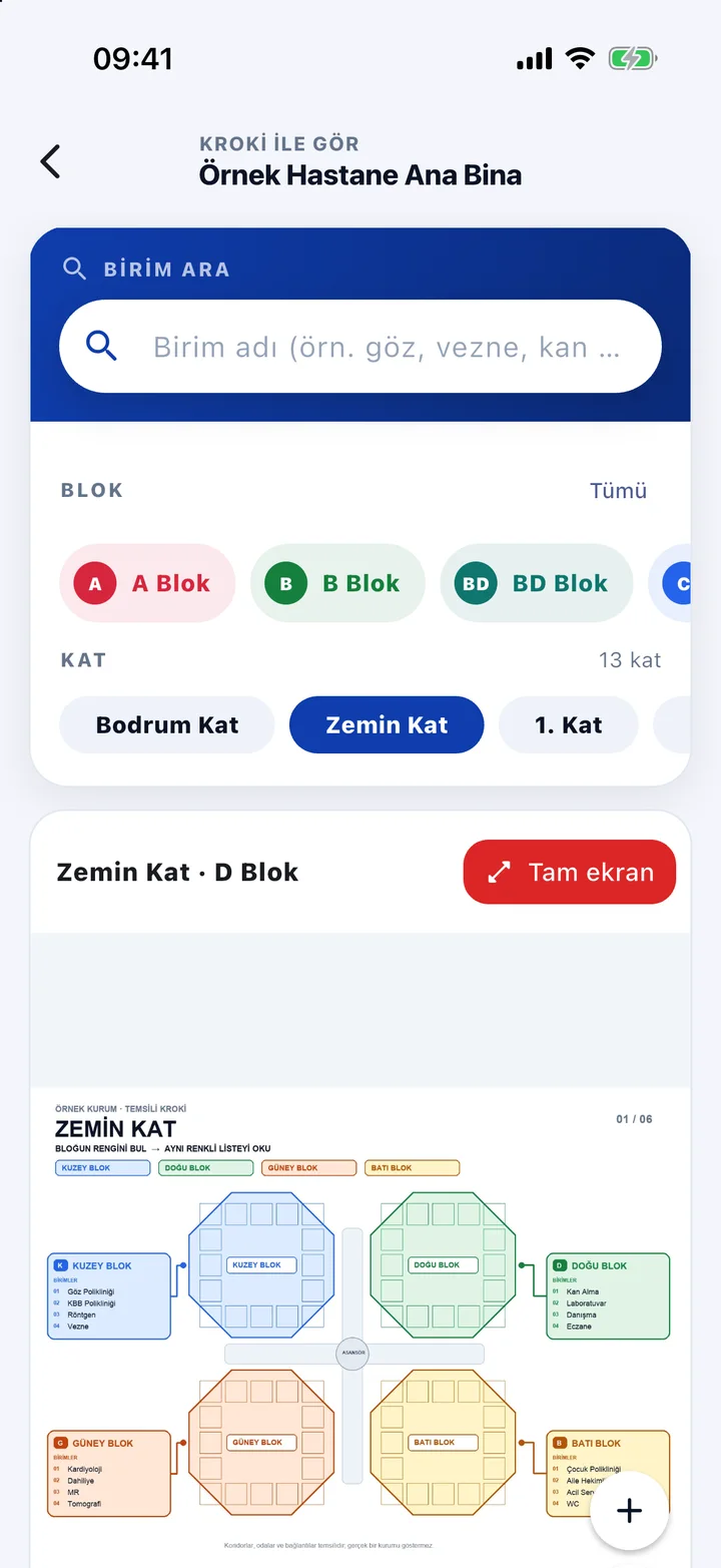 Uygulamada kroki ekranı: blok ve kat seçimi, yakınlaştırma düğmeleri, tam ekran